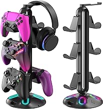 RGB Headphone Controller Stand, 9 Lighting Modes Gaming Headset Holder for Desk, Controller Headphone Holder with USB*2+Type-C+3.5mm - Charging & Data for Gaming Setup Gamer Accessories(Black)